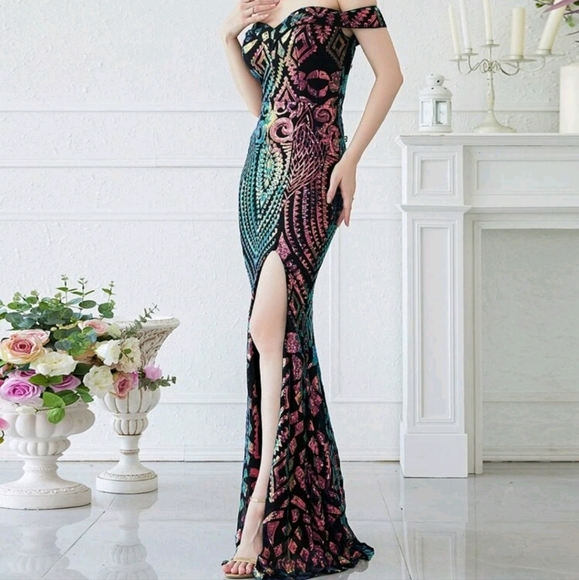 Off Shoulder Split Thigh Sequin Formal Evening Gown - Picture 4 of 13